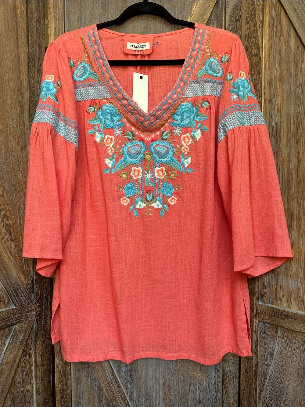 Paparazzi Coral V-Neck Embroidered Tunic with Turquoise Accents